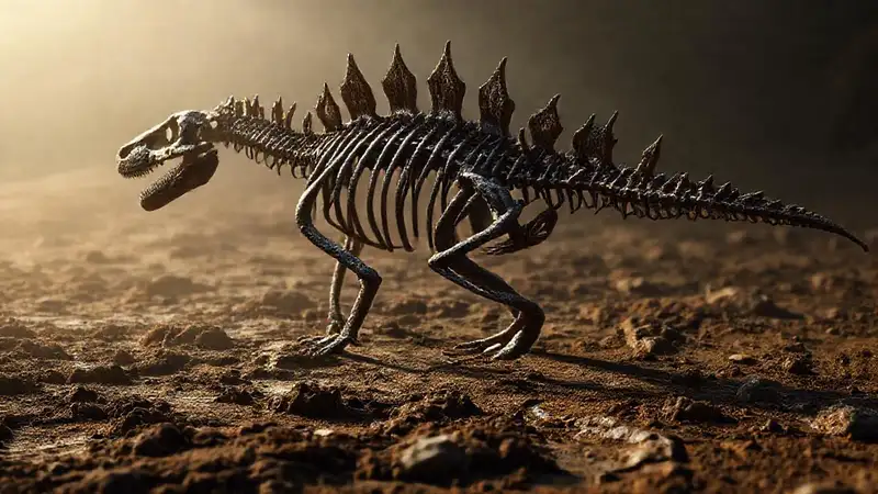 Spiky Kentrosaurus skeleton fossilized in mud