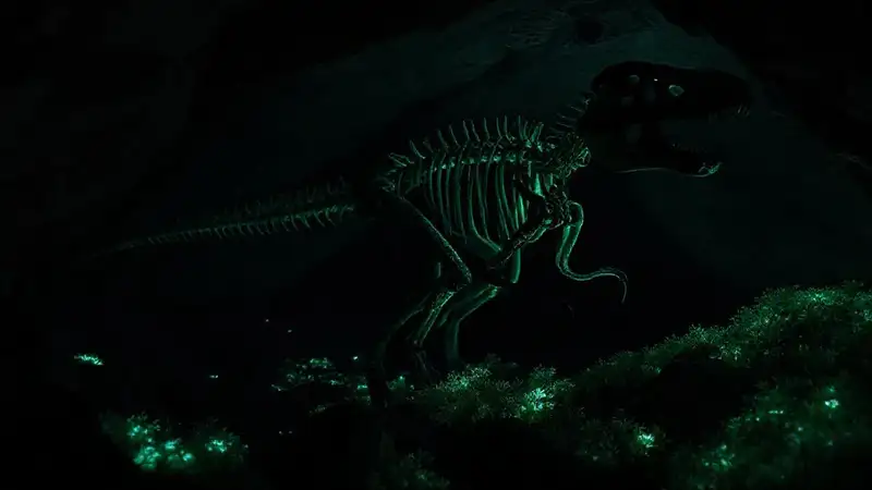 Here’s a concise sentence capturing the essence:“Ancient bones glow in a mossy cave.”