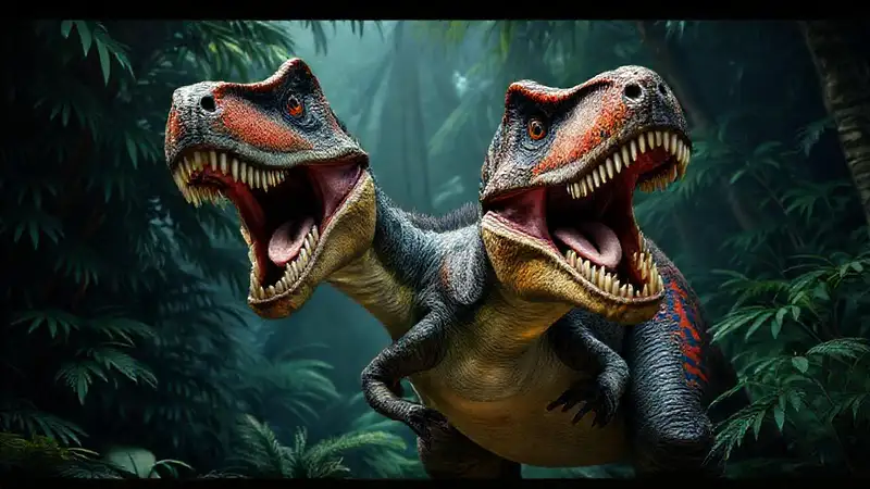 A young T-Rex roars in the jungle