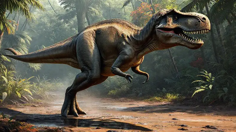 Tyrannosaurus rex dominates a prehistoric jungle