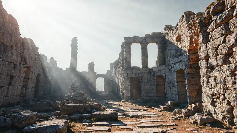 Ancient ruins are digitally preserved, glowing softly