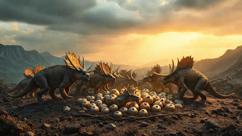 Heres the concise sentence:“Dinosaurs guarded prehistoric nests amidst volcanoes.”