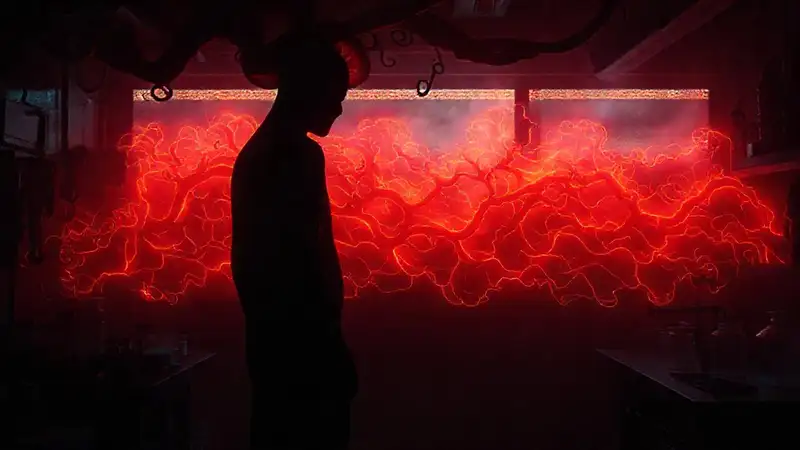 Here’s a single-sentence response:“A shadowed lab holds unsettling horror.”