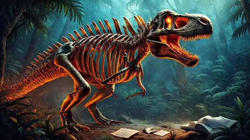 Here’s a concise one-sentence answer:“Carnotaurus skeleton glows amidst ancient research.”
