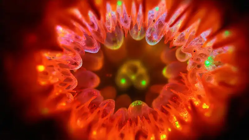 Here’s the concise sentence:Microscopic details reveal vibrant