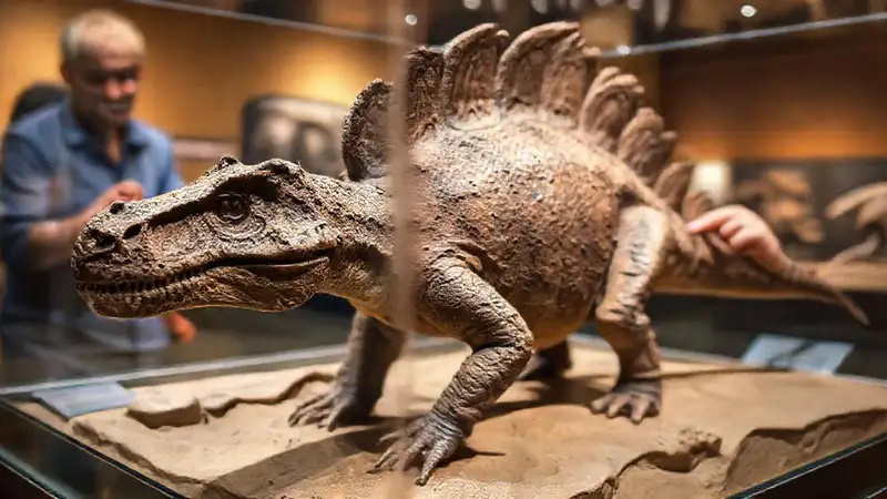Heres the single-sentence response:“A stegosaurus fossil is being studied.”