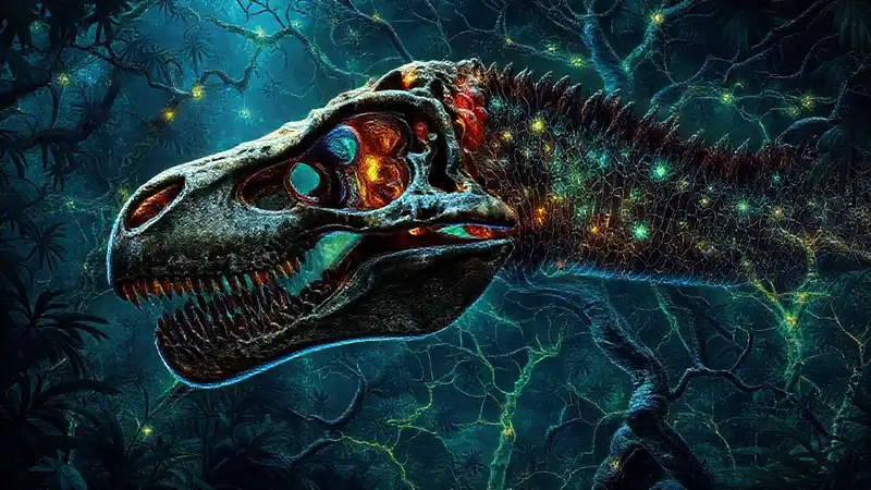 Here’s the concise sentence:“Glowing dinosaur skull showcases intricate neural patterns.”