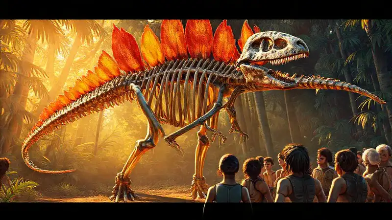 Heres the concise sentence:“Kentrosaurus skeleton observes prehistoric humans.”