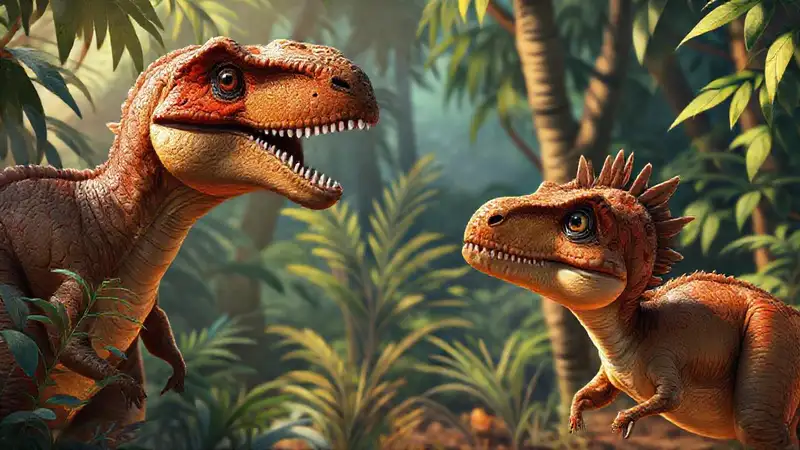 Dinosaur parents teach young in jungle