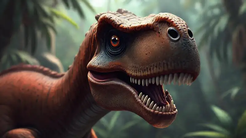 Heres the concise sentence:A vibrant dinosaur contemplates a jungle