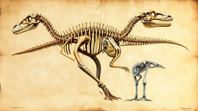 Heres a concise one-sentence response:“A vibrant dinosaur skeleton illustrates avian evolution.”