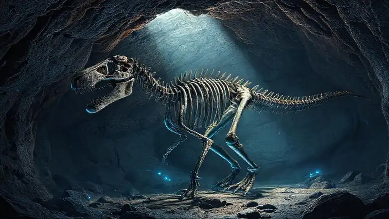 Here’s the concise sentence:“Dinosaur skeleton glows in ancient cave.”