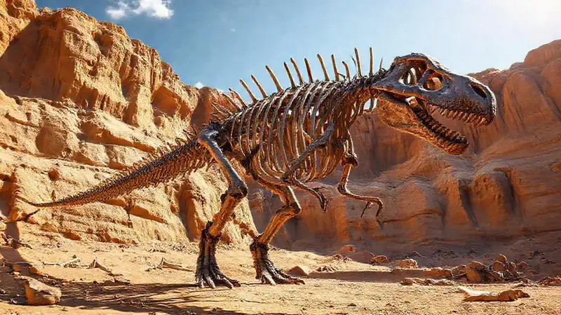 Here’s the sentence:“A colossal dinosaur skeleton reveals ancient earth.”