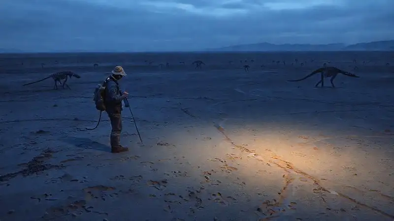 Paleontologists study ancient dinosaur tracks and remains