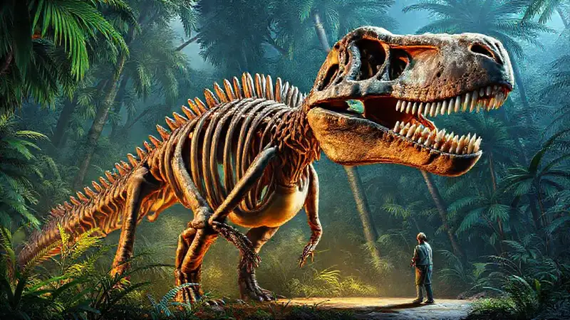 Paleontologist studies a giant dinosaur skeleton