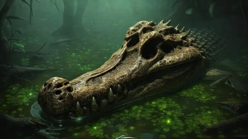 Heres a concise one-sentence response:“Ancient skull glows in murky depths.”