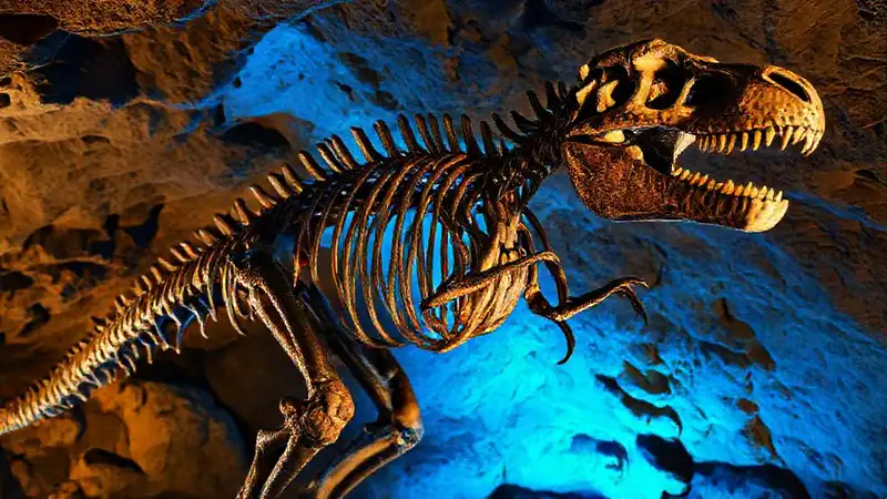 Here’s a concise sentence capturing the essence:“Ancient skeleton glows in a cave.”