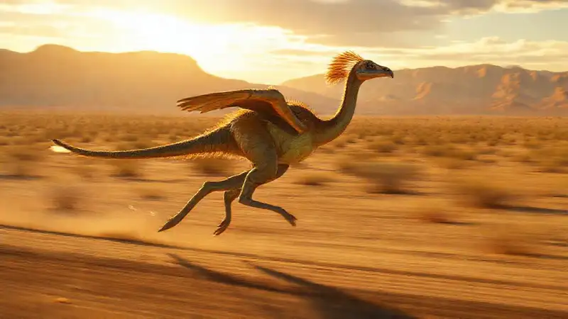 Here’s a concise one-sentence response:“Gallimimus runs through golden