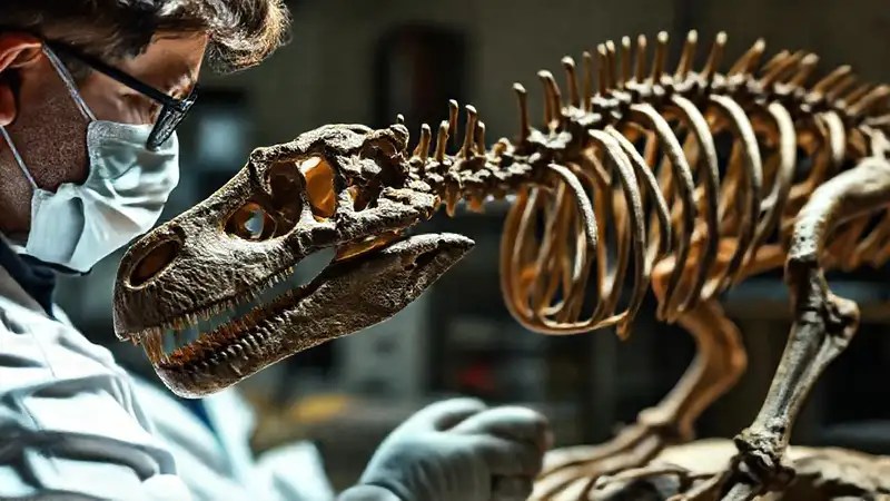 Paleontologist studies a detailed ornithomimus skeleton