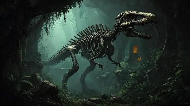 Here’s the concise sentence:“A dinosaur skeleton rests in ruins.”