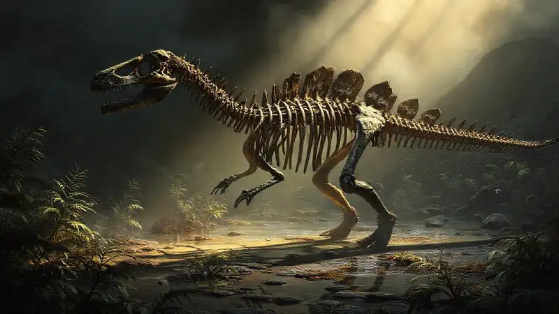 Heres the single-sentence response:A Ceratosaurus skeleton dominates a prehistoric swamp