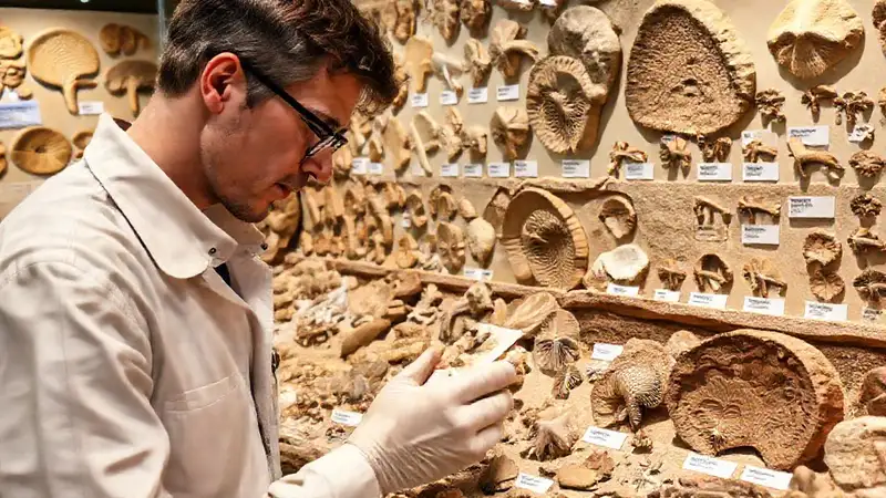 Paleontologists study fossils in a museum