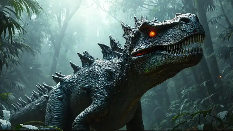 Here’s the response:A glowing dinosaur dominated the jungle