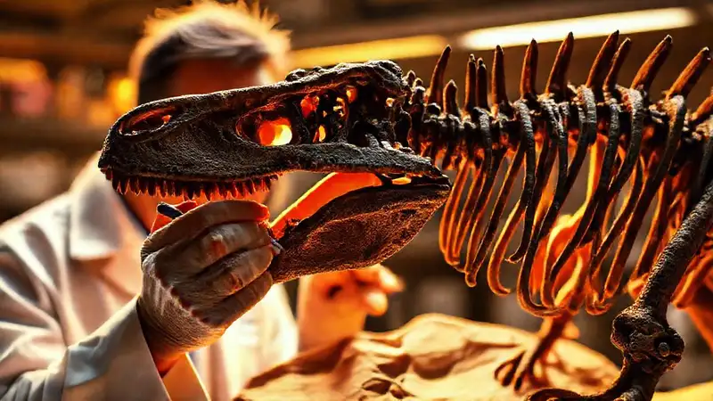 Paleontologist studies a warm dinosaur skeleton