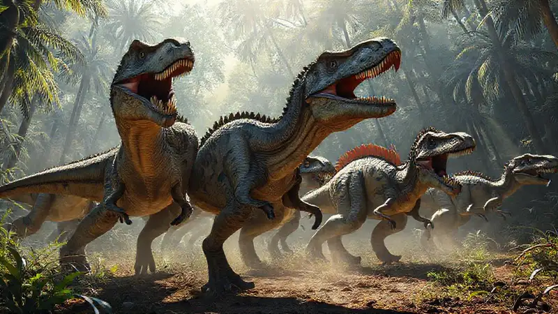 Heres the concise sentence:“Dinosaur pack hunts in ancient jungle.”
