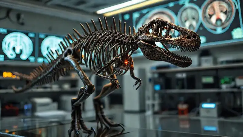 Here’s the concise sentence:“A realistic dinosaur skeleton glows brightly.”