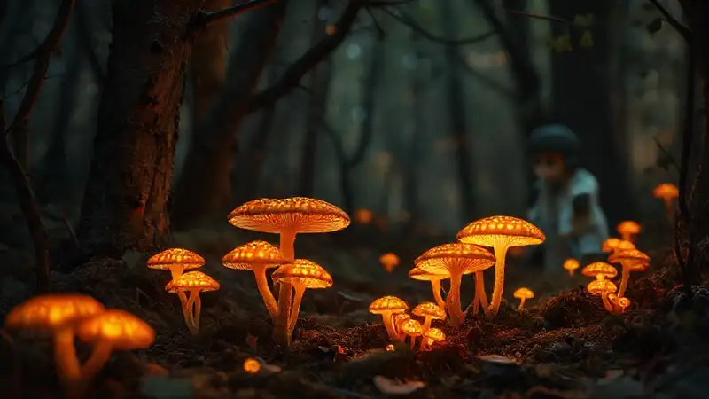 Heres a concise single-sentence response:“A scientist observes surreal forest luminescence.”