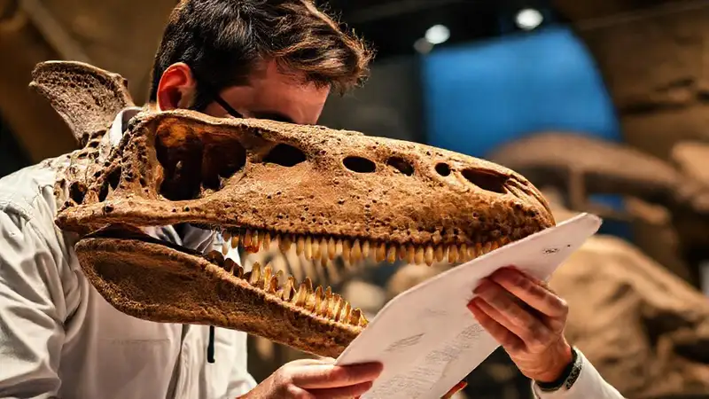 Paleontologist studies a lambeosaurus skull