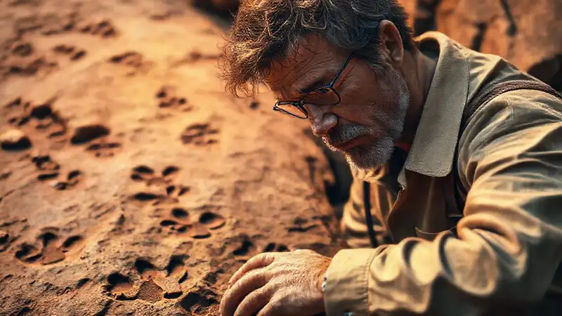 Paleontologist studies ancient dinosaur footprints carefully