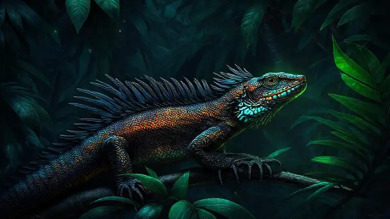 Heres the concise sentence:“A glowing reptile illuminates the rainforest.”