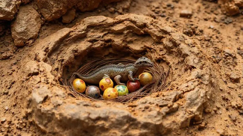 Here’s the concise sentence:“A dinosaur nest reveals prehistoric beauty.”