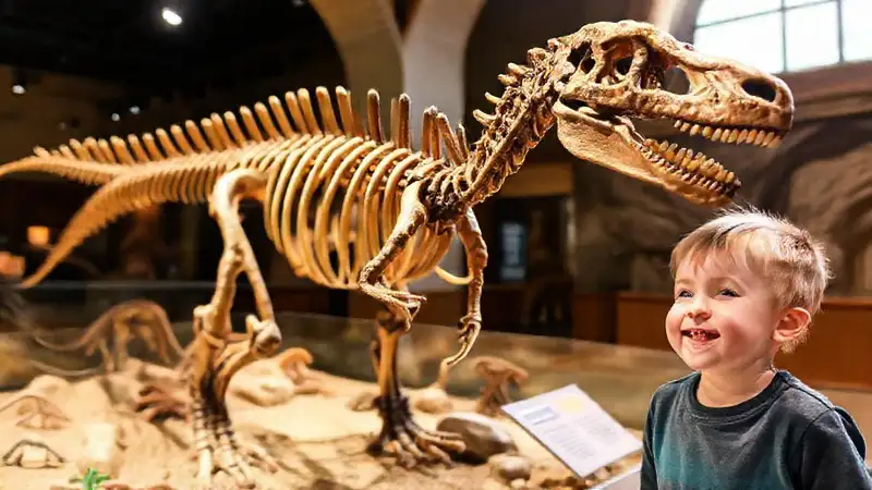 Heres a concise sentence capturing the essence:“A child admires a dinosaur skeleton.”